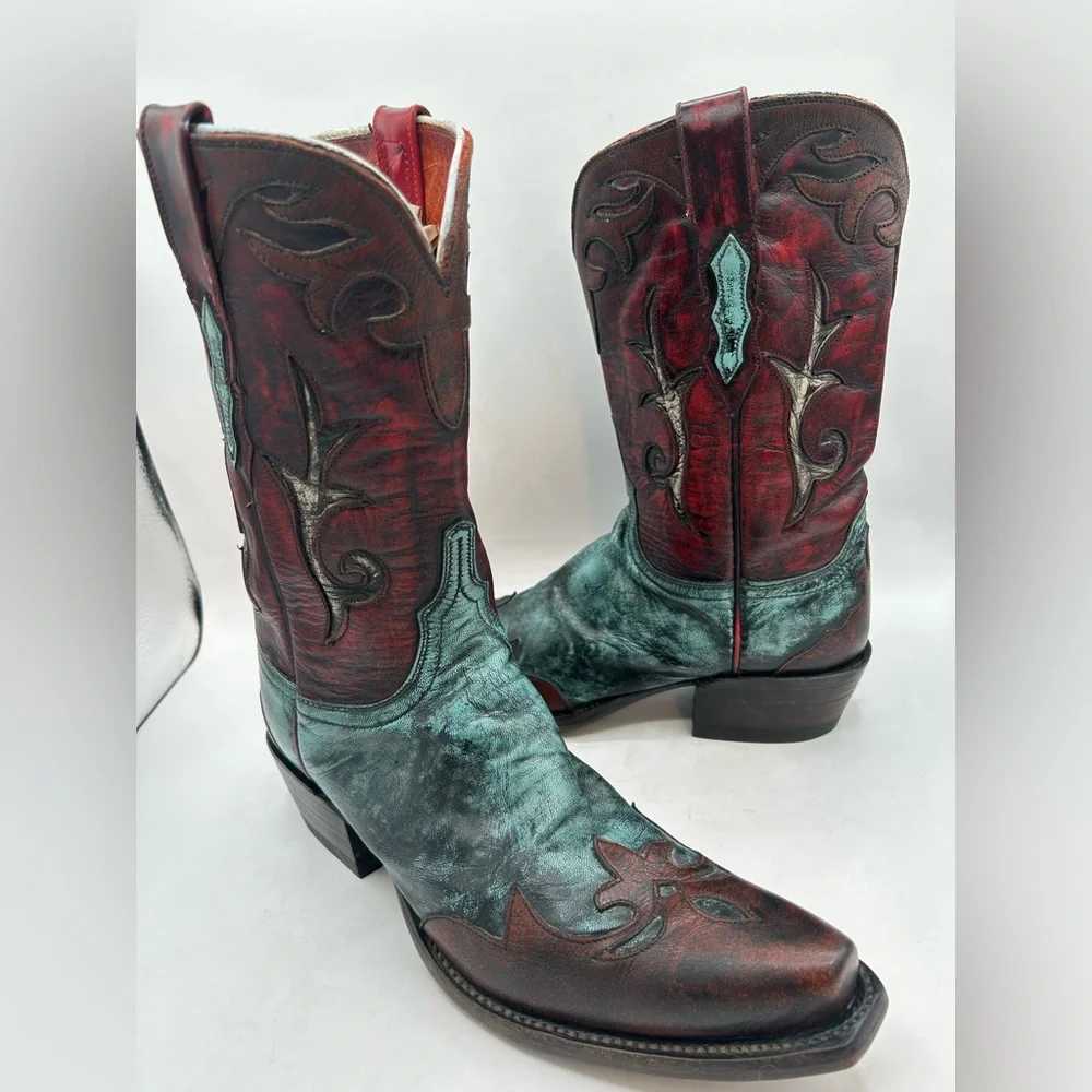 Lucchese Women’s Western Cowboy Boots Red Teal & Brown Distressed Leather Size 7 - Picture 11 of 17
